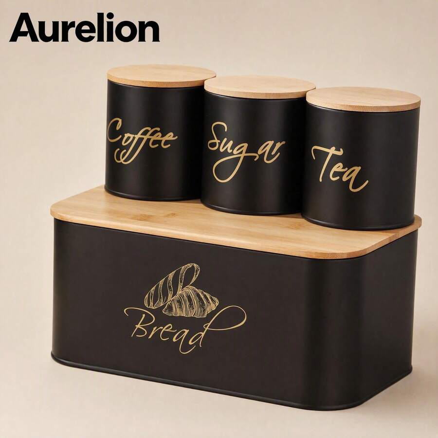 Aurelion 4pcs Black Metal Kitchen Storage Set With Bamboo Lid Bread Box And Coffee Tea Sugar Canisters, Gold Letter Print Food Storage Containers, Countertop Kitchen Organizer