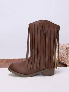 Sepatu Bot Koboi Barat Modis dan Lucu dengan Rumbai untuk Anak Perempuan, Resleting Samping Setengah Betis, Musim Gugur Musim Dingin - Coklat - View 9
