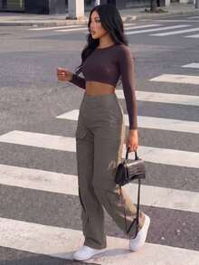 Solid Flap Pocket Cargo Pants Casual Spring - Dark Grey - View 1