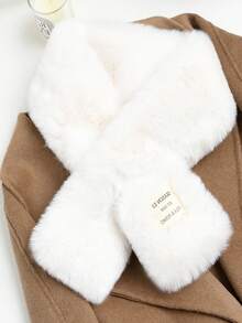 1pc Women's Plush Scarf, Winter Style Faux Rabbit Fur Thick Warm Neck Warmer, Versatile Simple Cross Collar - White - View 5