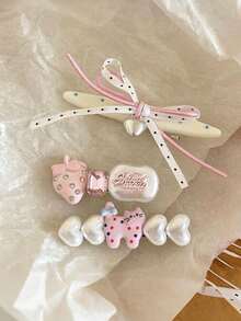 3/2pcs Cute Cartoon Blue Bear Hair Clip Set For Women, Bowknot Faux Pearl Decor Duckbill Hair Clips Hair Accessories - Strawberry - View 1