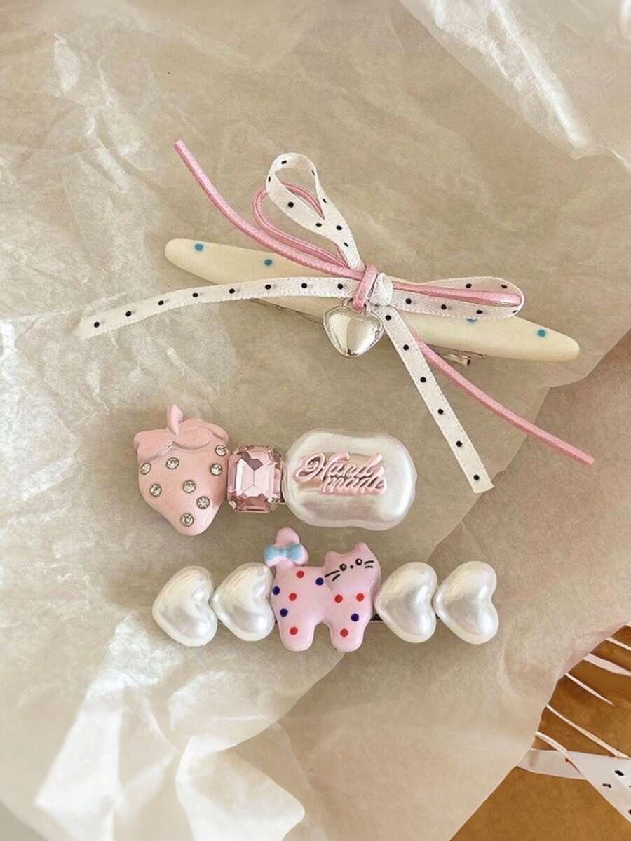 3/2pcs Cute Cartoon Blue Bear Hair Clip Set For Women, Bowknot Faux Pearl Decor Duckbill Hair Clips Hair Accessories - Strawberry - View 1
