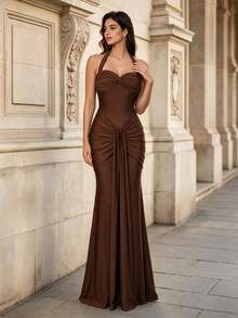 Gaun Malam Maxi Mermaid Bodycon Elastis Tinggi dengan Kerut Leher Sweetheart dan Tali Halter Elegan untuk Musim Gugur dan Dingin, Cocok untuk Pesta, Prom, Pernikahan dan Festival - Coffee Brown - View 5