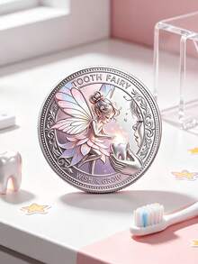3D Fairy Tale Theme Commemorative Coin, Tooth Fairy Collection Coin With Elf And Butterfly Wing Milk Tooth Pattern, Warm Childhood Growth Memorial Lucky Coin, Tooth Loss Milestone Fairy Tale Theme Gift, With Acrylic Case - Silver - View 1
