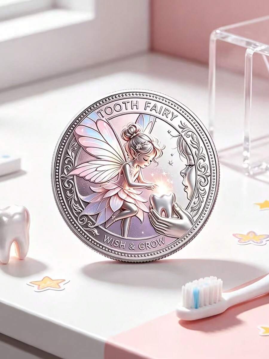 3D Fairy Tale Theme Commemorative Coin, Tooth Fairy Collection Coin With Elf And Butterfly Wing Milk Tooth Pattern, Warm Childhood Growth Memorial Lucky Coin, Tooth Loss Milestone Fairy Tale Theme Gift, With Acrylic Case - Silver - View 1