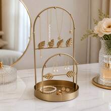 Gold Iron Jewelry Organizer With Leaf Design And Double Arch, Stand For Necklaces, Earrings And Bracelets With Round Base Tray For Rings, 15.5x30cm - Dorado - View 7
