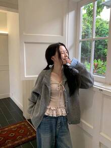 Korean Style Sexy Lace Tie Long Sleeve T-Shirt, Autumn New Slim Fit Base Layer Top - Light Khaki - View 5