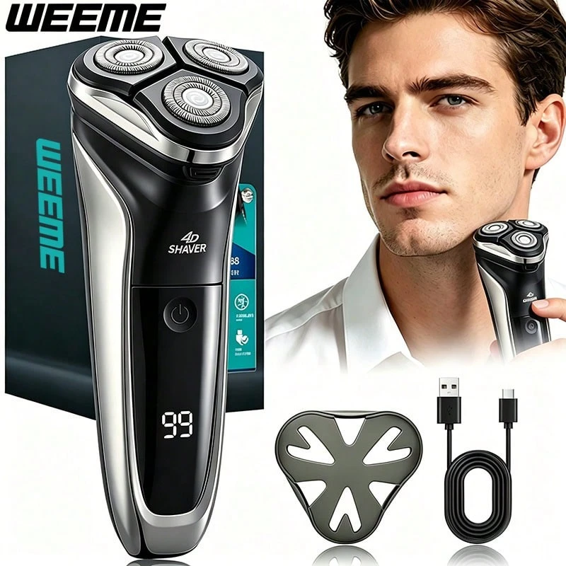 4D Rotary Electric Shaver For Men, Triple Floating Shaving Heads, LED Digital Display, USB Rechargeable Cordless Beard Razor, Portable Men Shaver, Gift For Father Husband - Multicolor - View 1