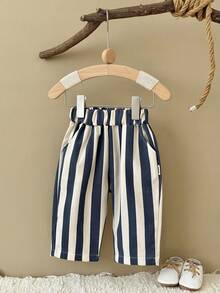 2Pcs/Set Baby Vintage Striped Elastic Waist Casual Long Pants With Pockets Loose Versatile Toddler Pants Casual Outfit - Multicolor - View 4