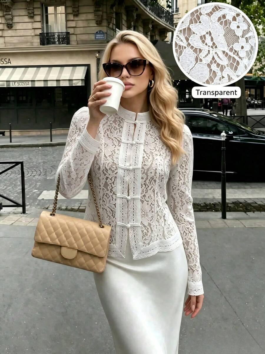 Women's Spring/Autumn Elegant Semi-Sheer Lace Blouse, Stand Collar Long Sleeve, Regular Fit, Button Detail, Woven Fabric, Non-Stretch Top White - White - View 1