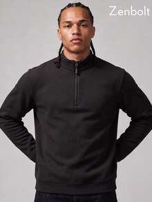 Zenbolt Men Half‑Zip Stand Collar Fleece Pullover, Soft Long Sleeve Relaxed Fit Casual Top For Daily Wear - Black - View 1
