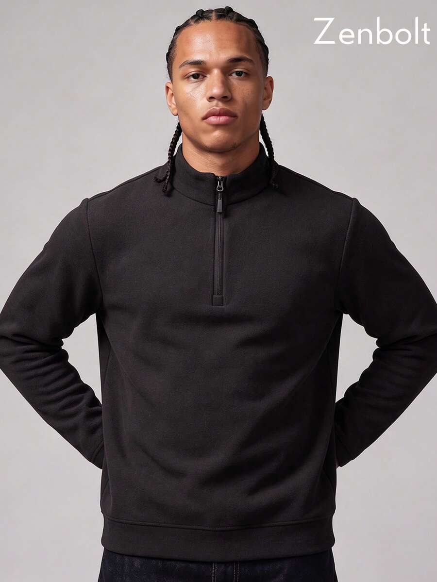 Zenbolt Men Half‑Zip Stand Collar Fleece Pullover, Soft Long Sleeve Relaxed Fit Casual Top For Daily Wear - Black - View 1