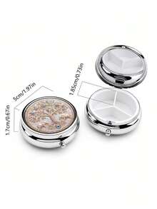 1pc Elephant & Blue Eye Tree Of Life Pattern Round Metal Pill Box, 3-Compartment Portable Storage Box, Pill Vitamin Small Accessory Organizer, Pocket Size, Home Outdoor Travel Carry, Durable, Compact Elegant Creative Gift - Multicolor - View 7