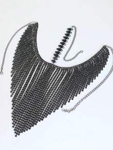 長流蘇面具 Cosplay 配件 優雅髮箍 鑲鑽面部鏈條面具 派對飾品 - 槍黑色 - 查看 2