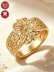 1pc Elegant Gold 925 Sterling Silver Ring, Exquisite Carved Hollow Craftsmanship, Size 7-11, Suitable For Daily Wear, Comes With Gift Box - Gold - View 5