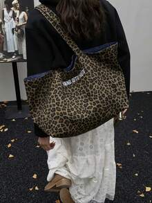 Leisure Retro Artistic Style Practical Texture Leopard Print Tote Bag, Letter Decoration Design, Reversible, Suitable For Commuting And Gatherings - Multicolor - View 5