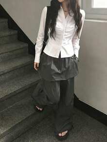 Korean Style Slim Fit Flattering Collar Waist-Cinching Versatile Short Sleeve Shirt - White - View 7