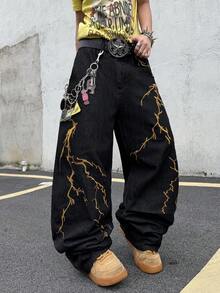 Hearty Haven 1pc Men's American Street Style Embroidered Wide Leg Jeans, Comfortable All-Season Loose Fit Floral College Style Long Pants - No Belt And Accessories - Black - View 3