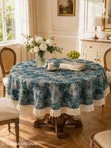 Vintage Blue Floral Round Tablecloth With Fringe, Woven Polyester Cotton Table Cover For Dining Table, Coffee Table, Side Table & Home Decor - Blue - View 8