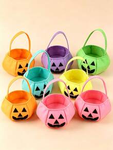 5/3/1pc Felt Jack-O'-Lantern Halloween Storage Basket With Handle, Neon Solid Color Pumpkin Face Storage Bucket, Reusable Handheld Gift Bag, Halloween Party Favor Autumn Holiday Decoration Halloween Accessory - Multicolor - View 10