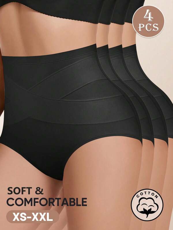 MEIYATING 4 piezas/Paquete Bragas de cintura alta para mujer, control de abdomen & levantamiento de glúteos, bragas sin costuras con diseño cruzado, transpirables