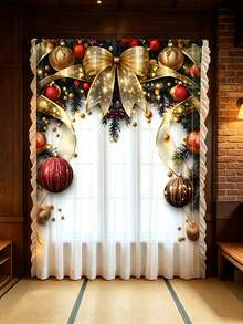 1pc Christmas Atmosphere Decoration Christmas Ball, Snowflake, Reindeer, Pine Needle Pattern Rod Pocket Curtain With Tassel And Scalloped Edge, Eyelet Design Light-Filtering But Privacy-Protecting Rod Pocket Curtain, Suitable For Living Room And Bedroom, Door Curtain, Kitchen Curtain, Noise Reduction, Christmas Decoration Rod Pocket Curtain Valance - Multicolor - View 1