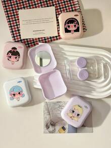 Cute Girl Print Contact Lens Case With Mirror, Portable Lens Storage And Care Set, Compact Design Suitable For Daily Use And Travel - View 6
