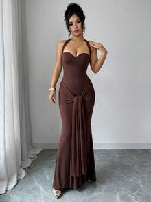 Spring/Autumn Solid Color Halter Tie Sleeveless Cinched Waist Long Elegant Dress, Party Date Dinner Afternoon Tea Evening Gown, Summer - Dark Brown - View 7