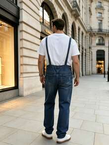 Men's Dark Blue Denim Dungarees Adjustable Straps Work Overalls - Navy Blue - View 3