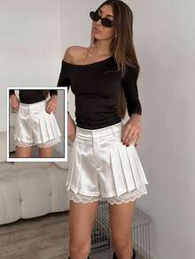 Women's Lace Patchwork Pleated Casual Versatile Everyday Shorts - White - View 1
