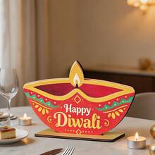 HAPPY DIWALI Party Decoration Wooden Tabletop Ornament Diwali Festival Celebration Lotus Lamp Plaque - Multicolor - View 8