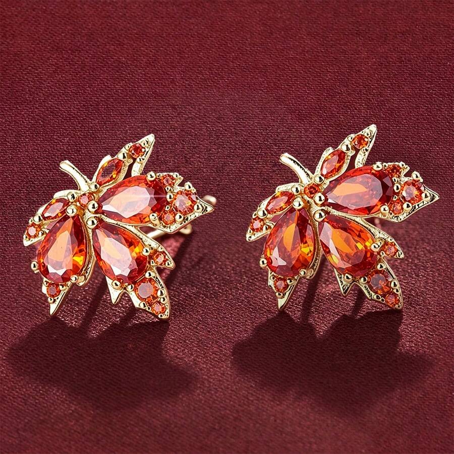 1 Pair Elegant Maple Leaf Design Cubic Zirconia Stud Earrings For Women, Casual Gift Design - Multicolor - View 1