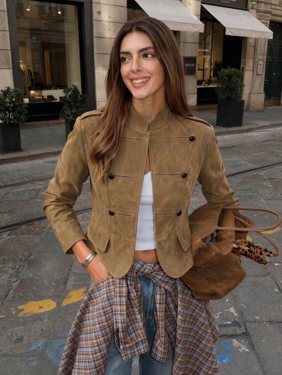 Women's Button-Up Short Jacket, Brown Stand Collar Vintage Style, French Chic