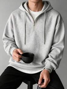 男士寬鬆落肩淺灰色拉鍊連帽外套，適合日常穿著，秋冬季 - 灰色 - 查看 3