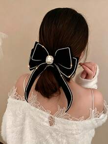 1pc Women Elegant Velvet Bow Hair Clip, Rhinestone & Faux Pearl Decor Long Streamer Hair Barrette - Black - View 2