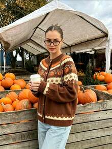 Autumn/Winter Halloween Pumpkin Pattern Knit Cardigan, Loose Fit Slimming Round Neck Button Sweater Jacket For Women - Multicolor - View 7