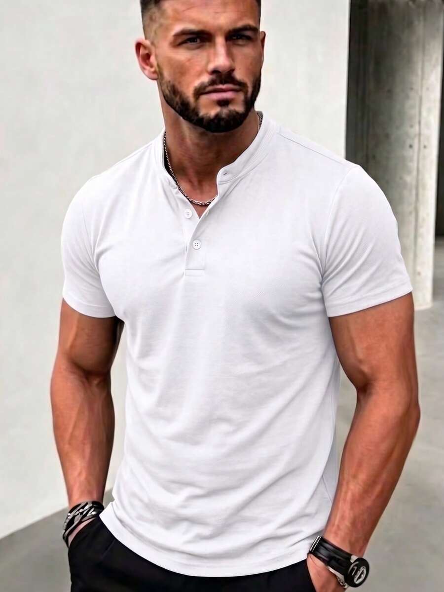 Marca Impala - Para Hombres - Playera Henley Manga Corta - Poliéster 50% Algodón 50% - Blanco - Ver 1