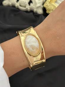 Vintage Multi-Layer Hollow Metal Bracelet, Oval Natural Stone Inlaid, Light Luxury Elegant Open Bangle, Niche Design Geometric Square Gemstone Wrist Accessory, Gradient Texture, Versatile Daily Commute Hand Jewelry, French Soft Style Multi-Layer Striped Bracelet - Multicolor - View 22