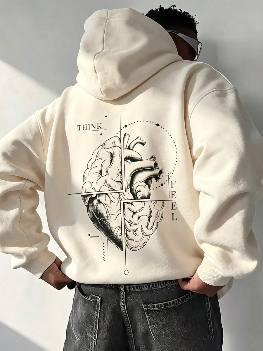 Men's Autumn/Winter Brain & Heart Art Puzzle Print Drawstring Hoodie