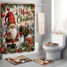 1pc/4pcs Christmas Vintage Faceless Gnome Multi-Function Bathroom Decor Shower Curtain Set, Free 12 Hooks, Premium Holiday Atmosphere, Bathroom Mat, U-Shaped Rug And Round Toilet Lid Cover, Suitable For All Christmas Scenes - Dwarf 8 - View 9