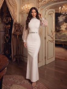 Gaun Bandage Lengan Panjang Organza Elegan Buatan Tangan dengan Hiasan Berlian Imitasi Berkilau, Cocok untuk Kencan dan Pesta. - Putih - View 1