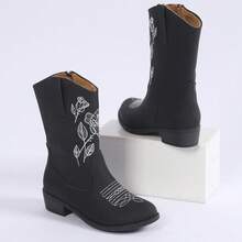 Black Rose Embroidered Kids Boots, Cool & Stylish Vintage Fashion Versatile Lightweight Soft Sole Anti-Slip - Black - View 4