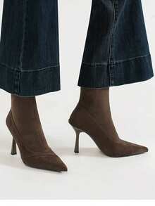 Women's Minimalist Office Style Flared Heel Pointed Toe Elastic Sock Ankle Boots - Coffee Brown - View 5