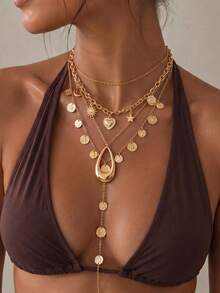 4pcs Creative Oil Drop Coin Flower Heart Pendant Necklace, Multi-Layer Chain Round Disc Tassel Collarbone Necklace - Gold - View 1