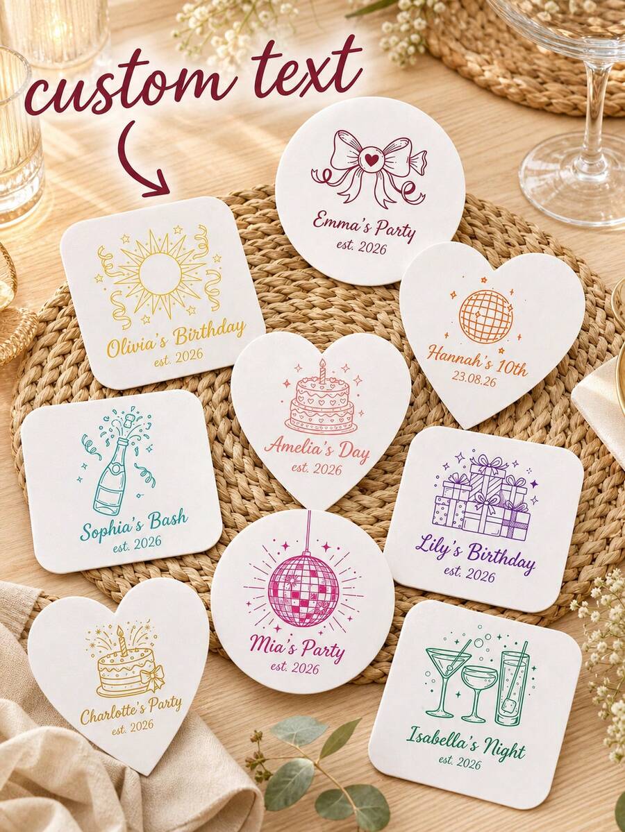Personalized Name And Year Coaster, Custom Text Drink Coaster With Line Art Party Design, Custom Beverage Coaster, Birthday Party Table Decor, Celebration Drink Mat, Coffee Coaster, Birthday Gift For Friends, Family, Party Hosts And Guests. - Multicolor - View 1