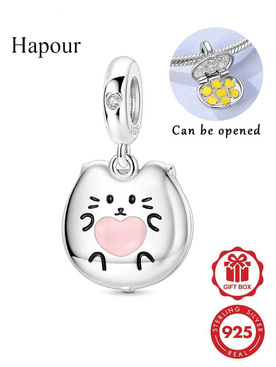 1 Pieces Openable Cat Cake Charms Original 925 Sterling Silver Beads For Women Pink Heart & Cubic Zirconia Fits Original Bracelet DIY Making - Silver - View 1