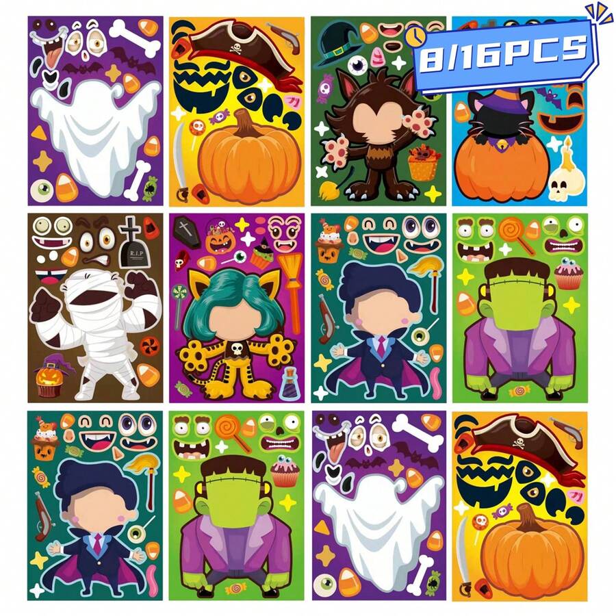 8/16pcs Stiker Anak DIY Karakter Kartun Halloween, Gambar Vampir & Hantu, Mainan Puzzle Interaktif Orang Tua-Anak, Buat Desain Wajah, Pengembangan Otak, Hadiah Pesta Liburan, Stiker Kemasan Hadiah, Mainan TK, Dekorasi Rumah, Cocok untuk Meja, Buku Catatan, Balon, Koper, Kulkas - Warna campuran - View 1