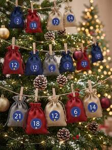 24Pcs 24Days Christmas Advent Calendar Bags Countdown, Burlap Drawstring Gift Sacks With Number Stickers Wooden Clips & Rope, Xmas 24‑Day Countdown Treat Pouch For Holiday Party Decor Gift Storage - Multicolor - View 3