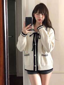Autumn/Winter New Sweet Preppy Style Lazy Knit Cardigan Jacket With Turn-Down Collar - White - View 6