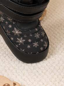 Fashionable Infant Fluffy Winter Snow Boots With Snowflake Pattern, Soft Sole, Thick Fleece Lining, Warm Ankle Boots - Black - View 9